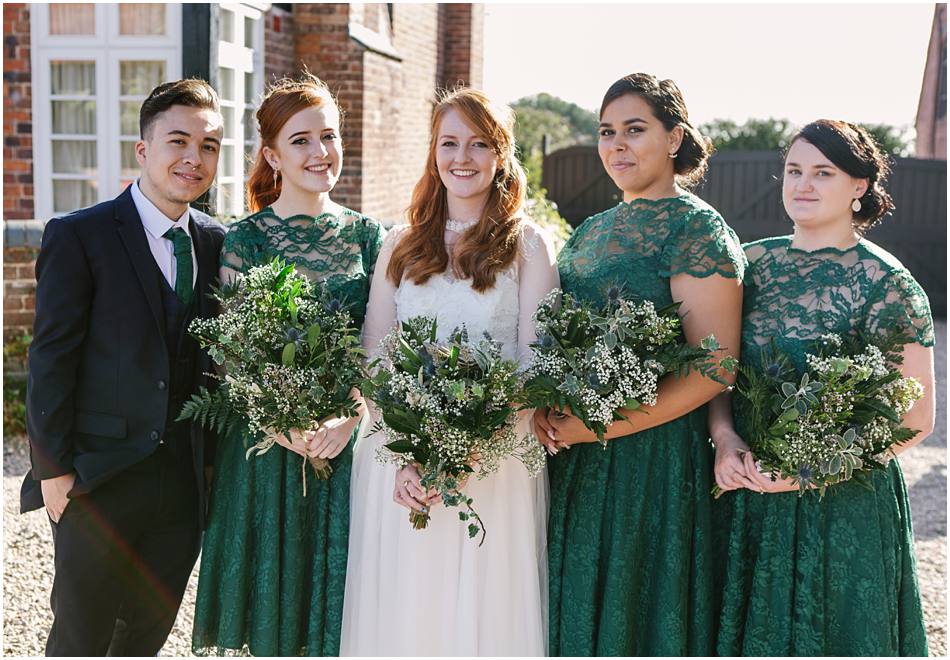 Bride with Bridesmaids wearing green lace vintage style dresses