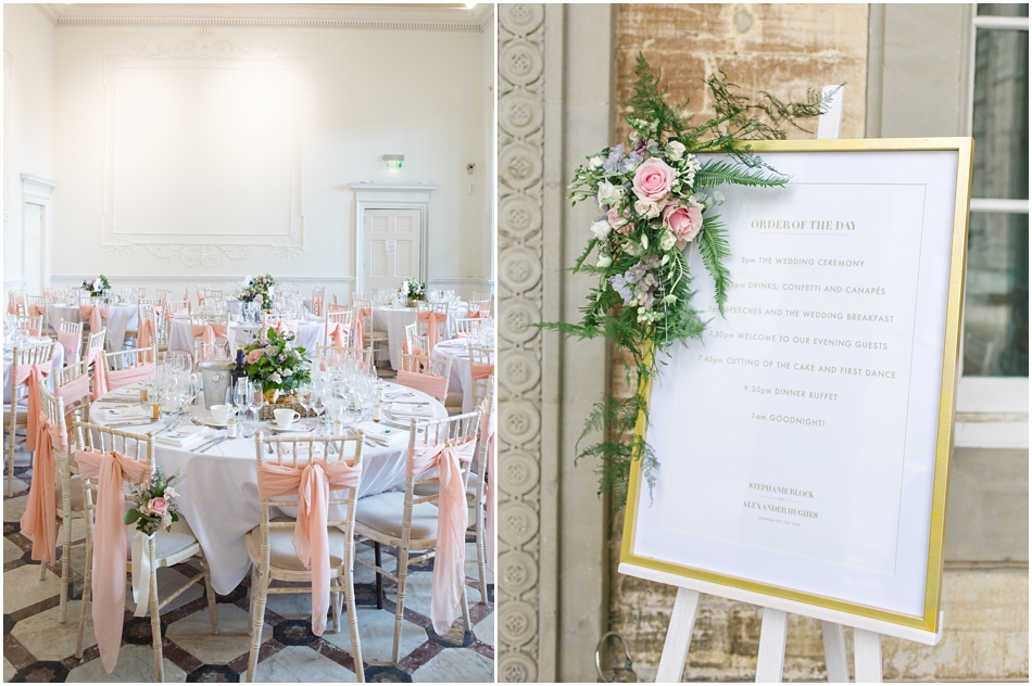 Blush pink chair ties with white linen at this classic wedding at Compton Verney