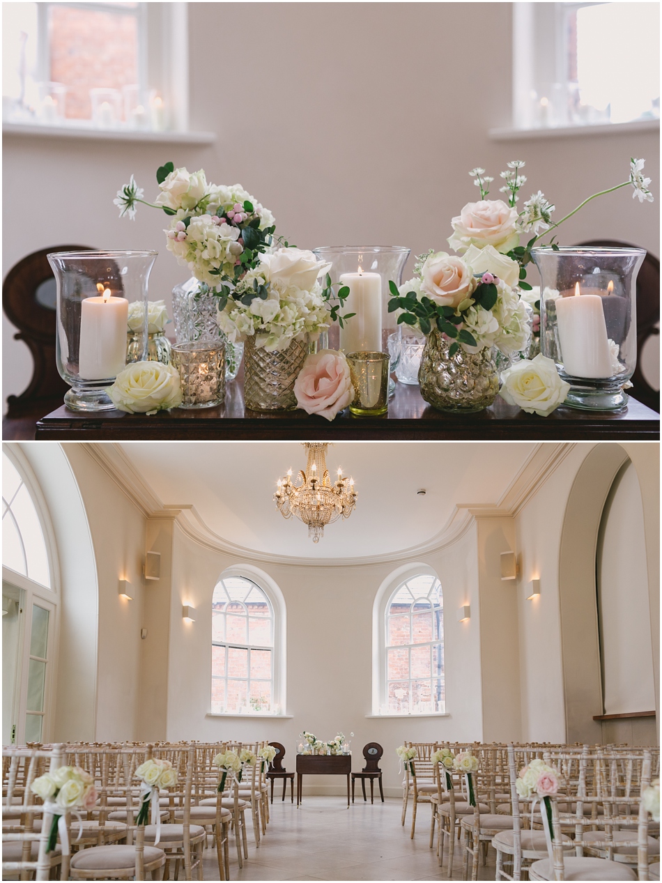 romantic Iscoyd Park wedding photography; ceremony room decorated with roses, mercury glass and candles