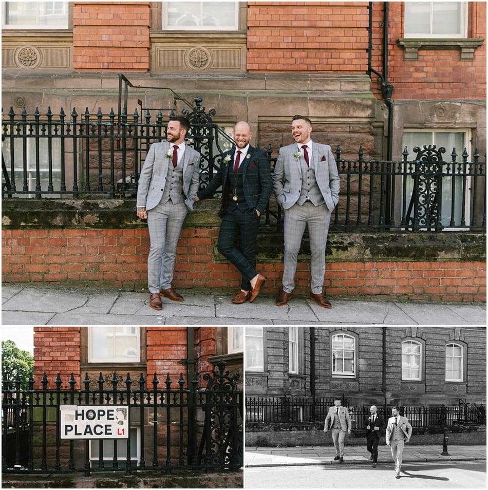 Hope Street Hotel wedding photography; Groom and Best Man in front of railings