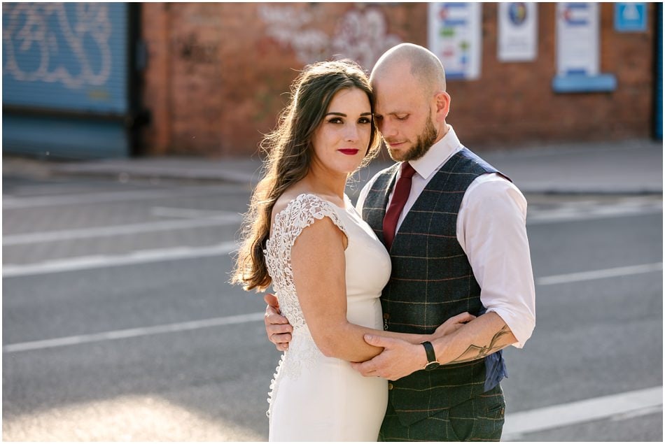 Siren wedding photography; Bride and Groom portrait in Liverpool Baltic quarter