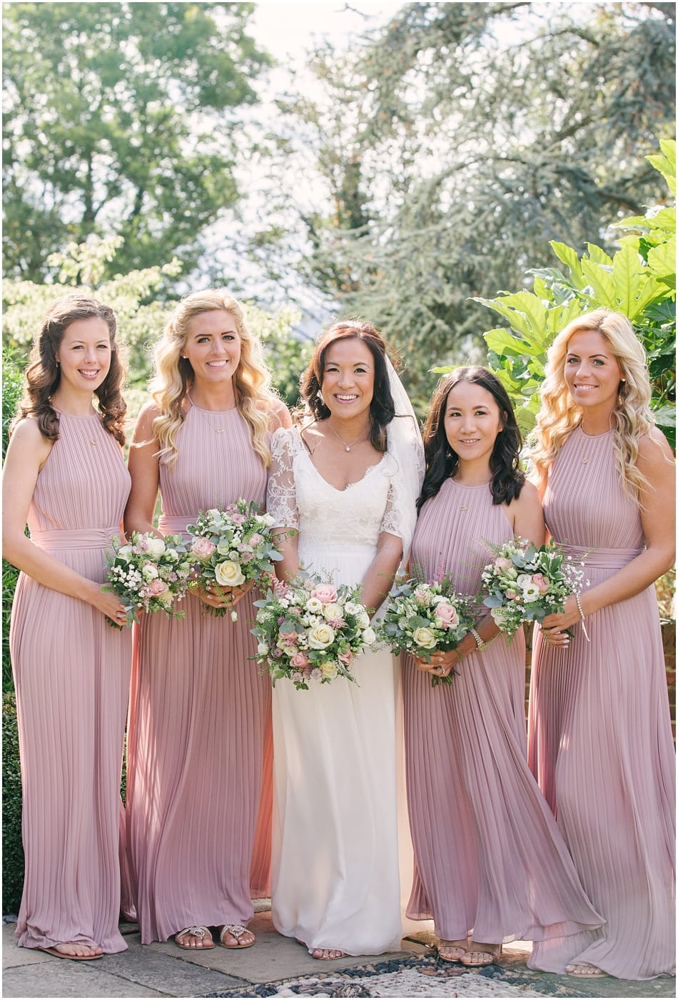 Gorcott Hall wedding photography; Bride and Bridesmaids wearing Dana Bolton and blush pink dresses