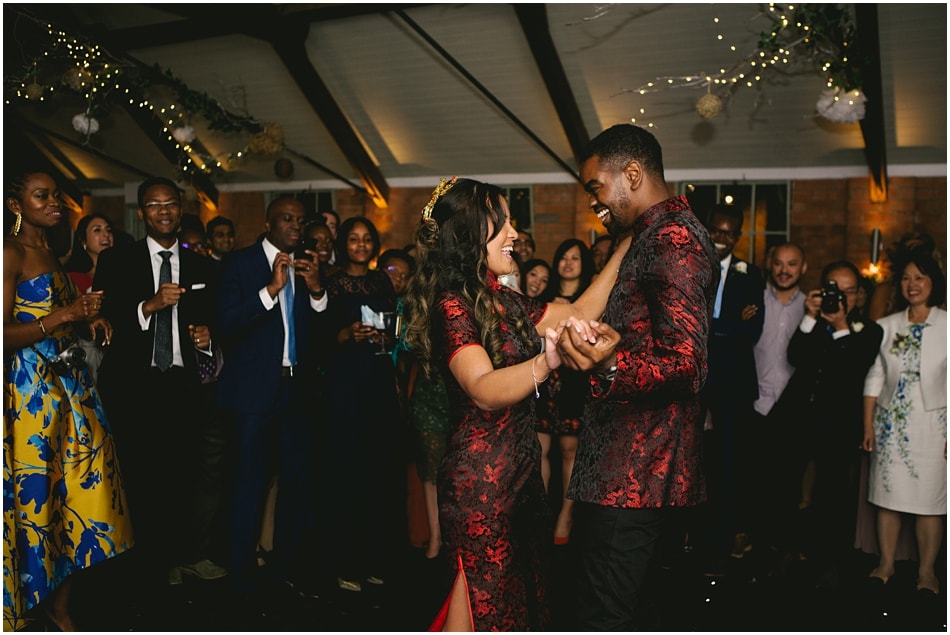 Chinese Bride and Nigerian Groom dancing at Gorcott Hall wedding