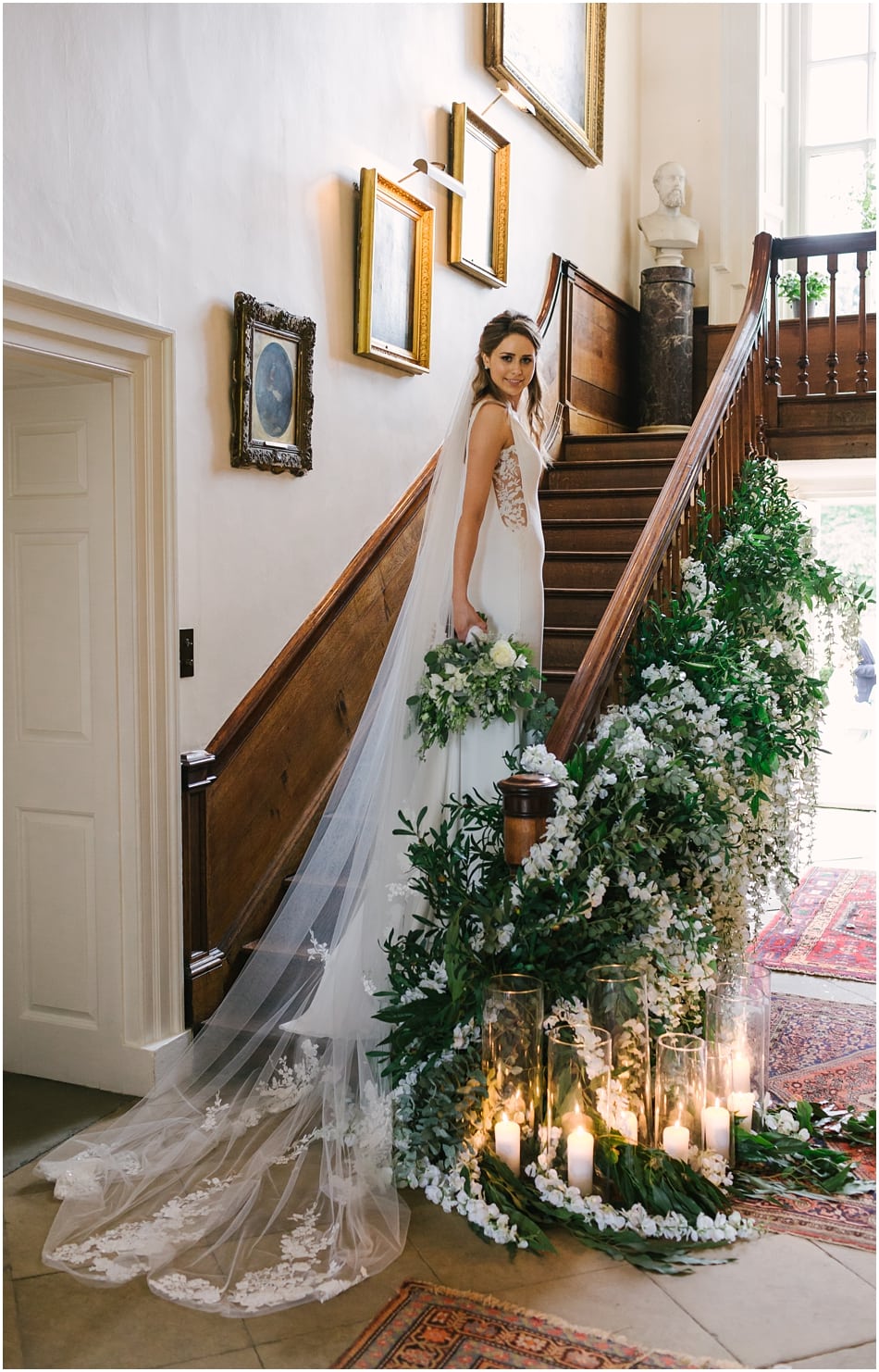 Bride on the stairs at Iscoyd Park