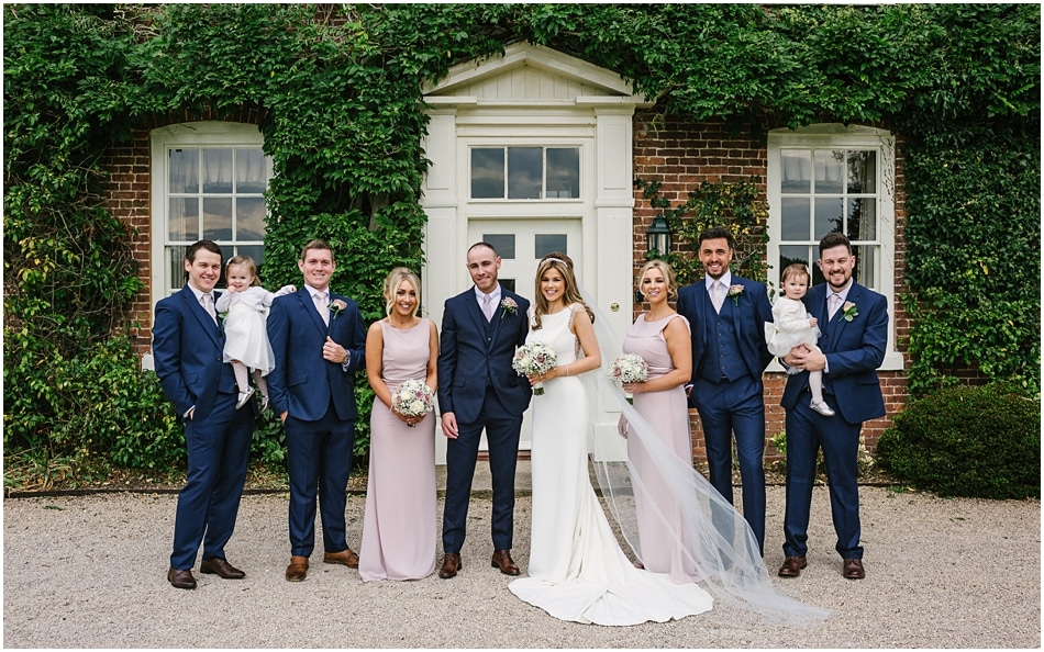 Wedding group photo of the Bridal Party in front of Alrewas Hayes