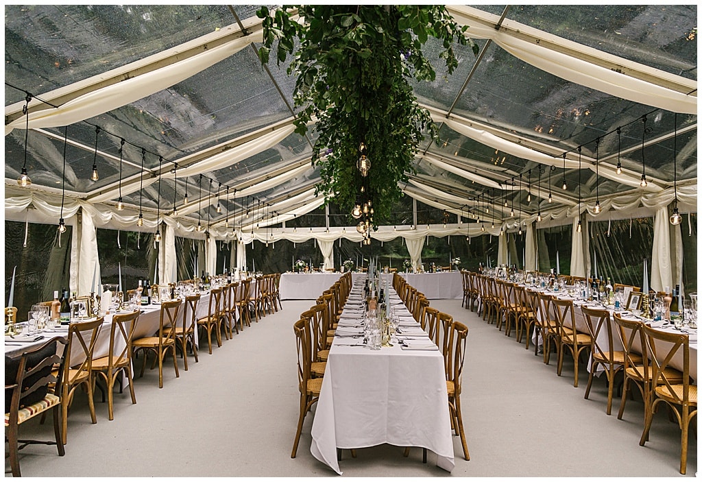 Woodland Marquee Reception with Eddison light bulbs