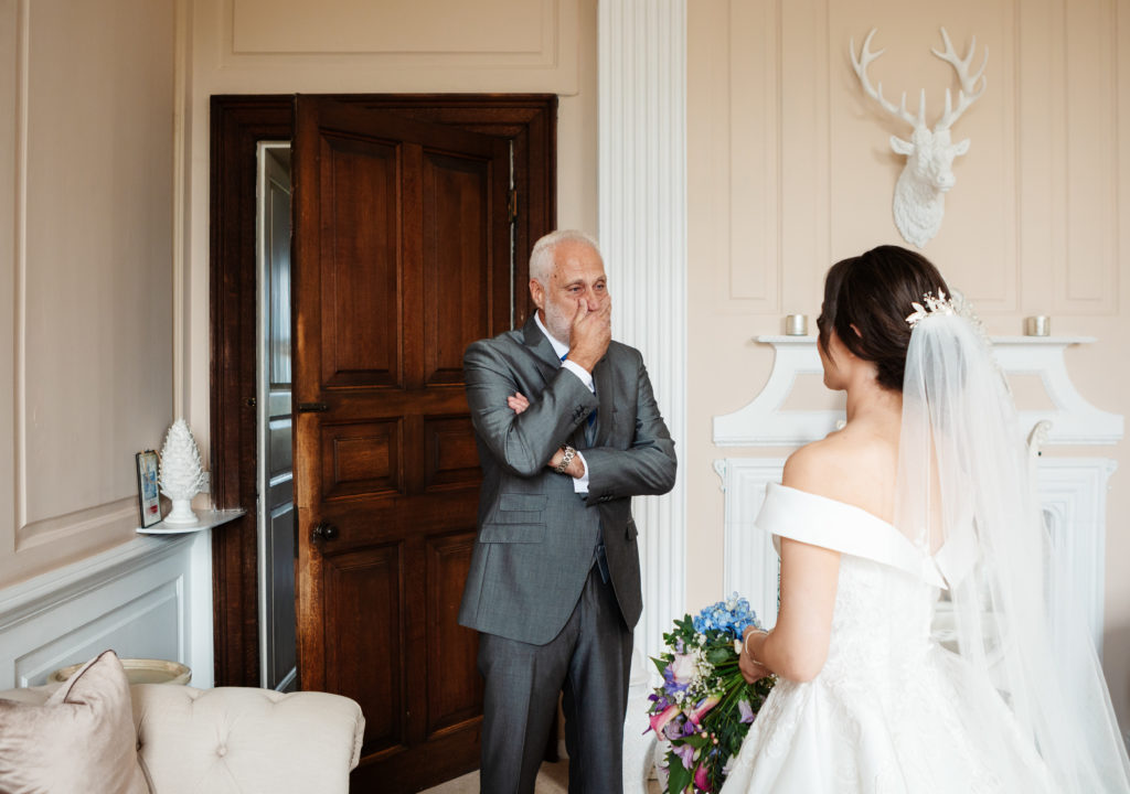 Davenport House wedding photography; Father of the Bride seeing his Daughter before the wedding ceremony