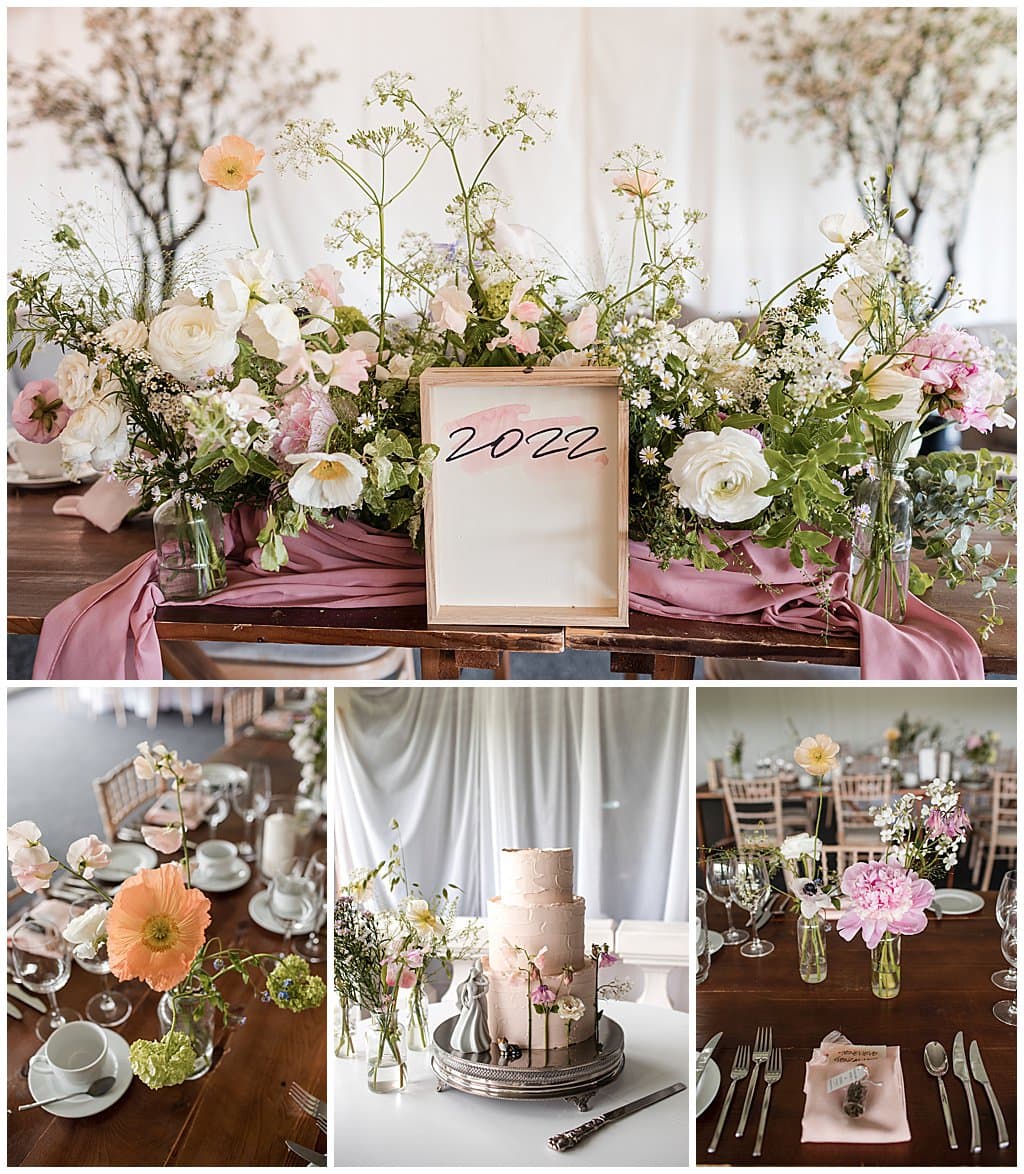 Wedding table centres of Icelandic poppies, ranunculus and pink peonies