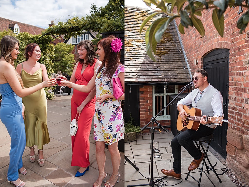 Guests celebrating during the drinks reception at a Curradine Barns wedding