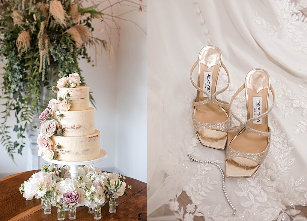 three tiered semi naked wedding cake dressed with roses