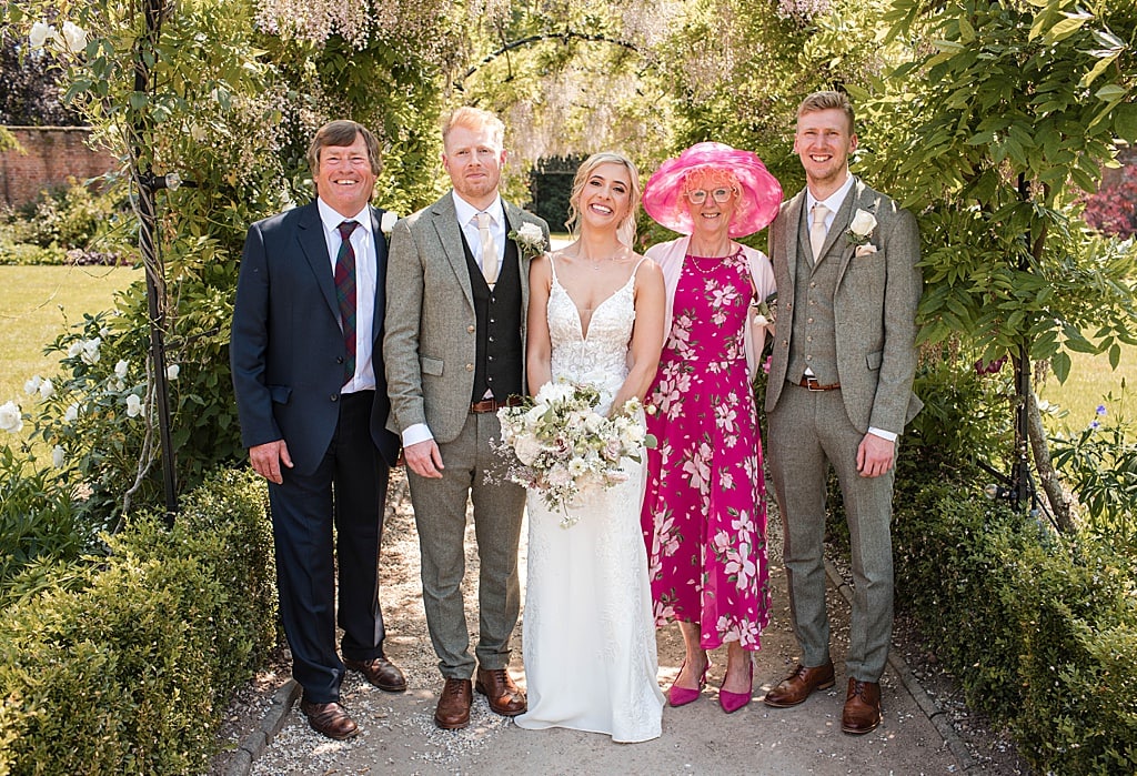 Family wedding group photos at Thorpe Garden