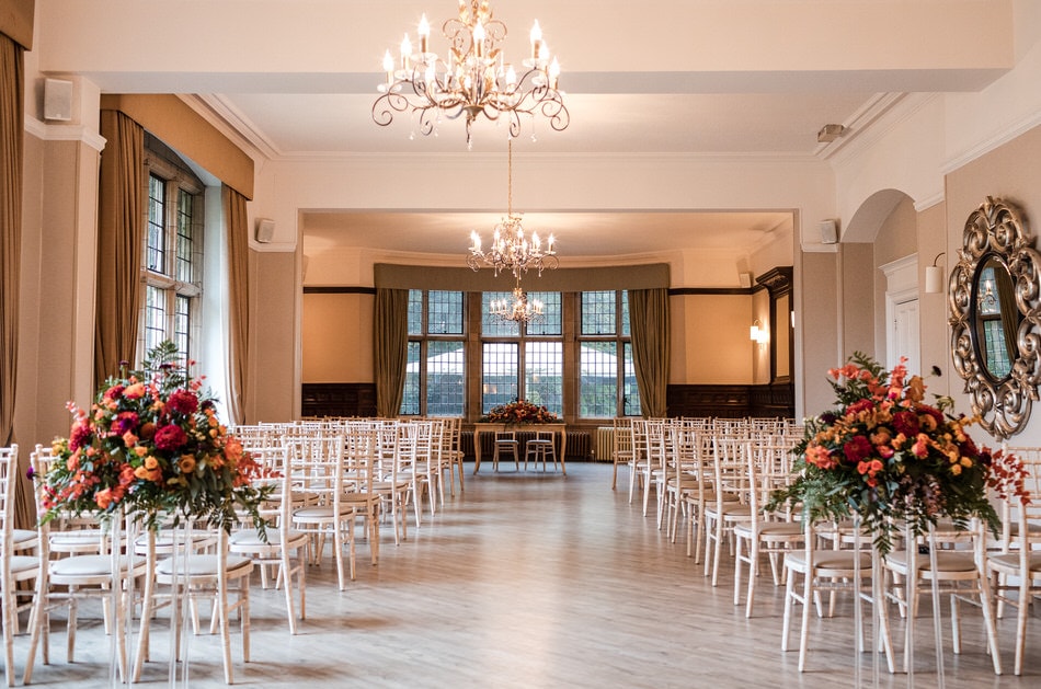 The Garden Room at Moxhull Hall dressed for a wedding ceremony