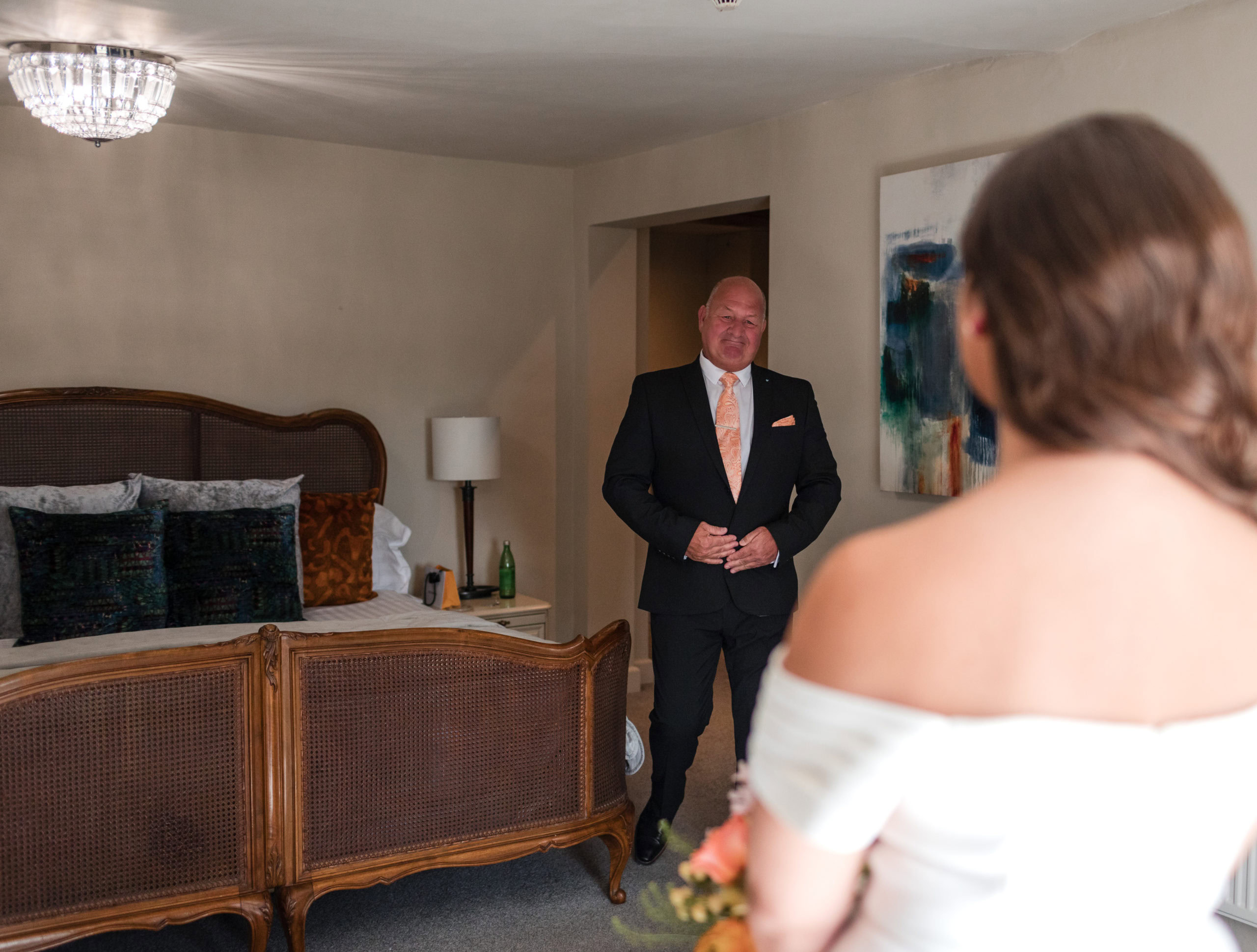 First look with Father of the Bride seeing his Daughter for the first time before her wedding at St Johns House